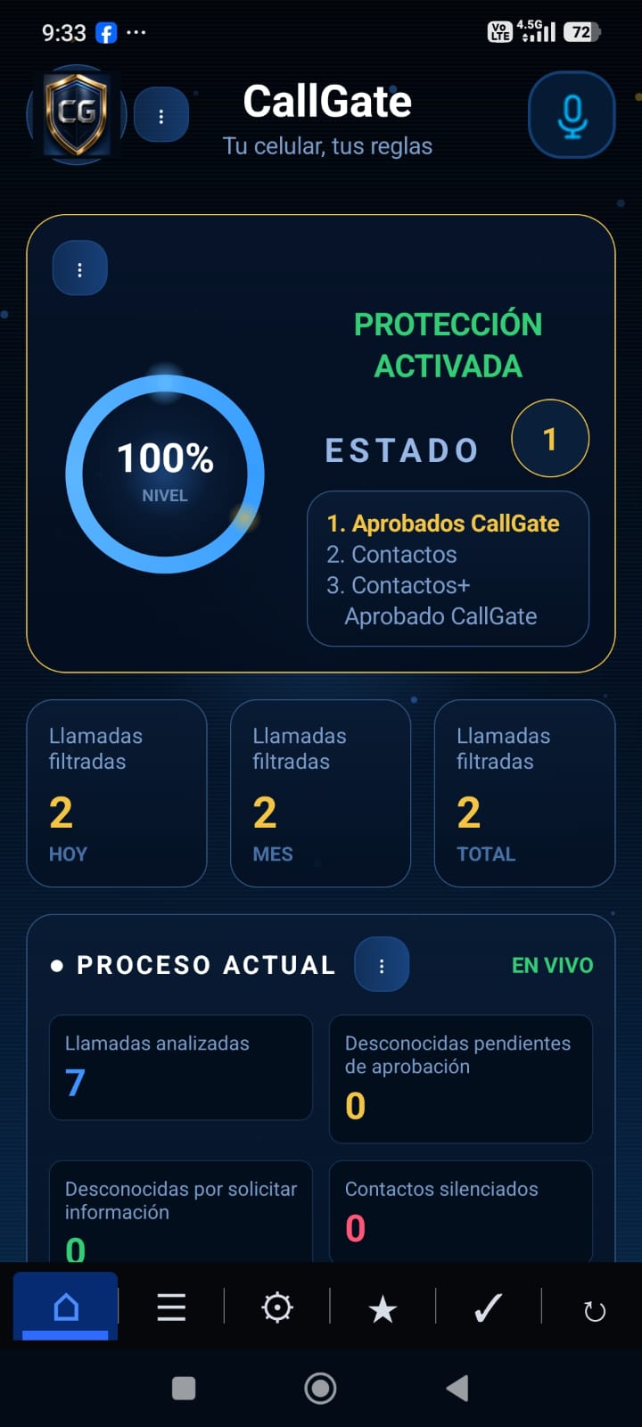 Pantalla Home de CallGate con protección activada