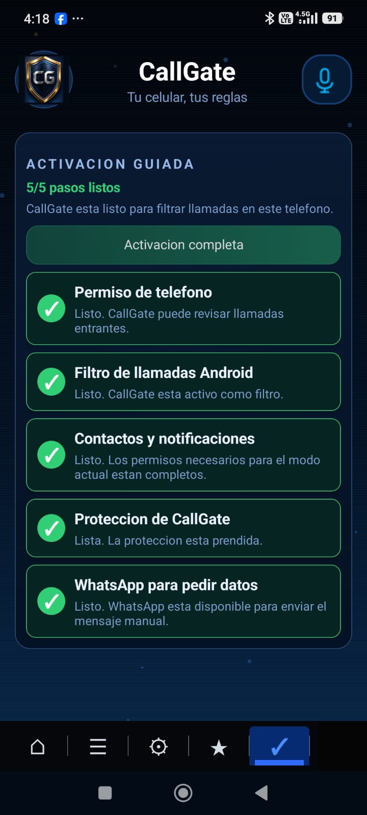 Pantalla Home de CallGate